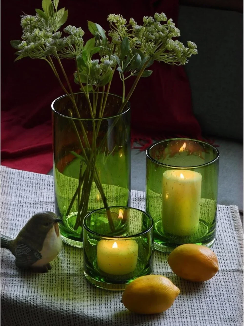 Set of 3 Spring Green Hurricane Candle Holders - Elegant Home Decor Accent